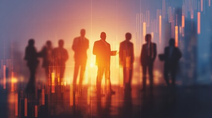 Fototapeta premium double exposure of successful teamwork and business partnership concept with group of people businessman with laptop and digital growing up stock market candlestick no logos no brands ar 169