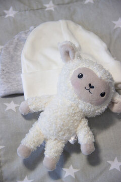 Soft plush lamb toy and pacifier in pastel nursery