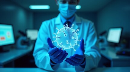 Scientist-lab-holds-glowing-stylized-mpox-virus-model-representing-advanced-research