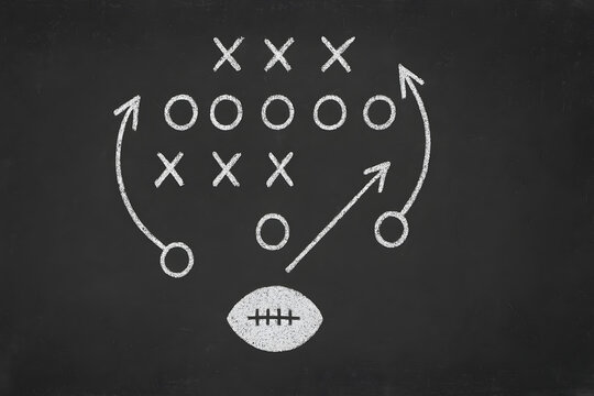 Football strategy play diagram chalkboard, sports tactics drawn with chalk, offensive and defensive playbook plan, team formation coaching concept, training instruction illustration American football 