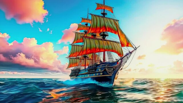 old sailboat in sunset rays on the sea, old sailing brigantine