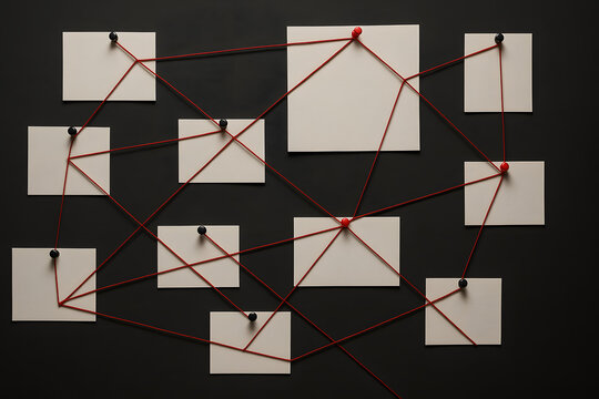 Conspiracy investigation board red strings connected notes, detective evidence wall crime scene analysis, mystery solving information diagram, investigation mapping strategy secret research concept il