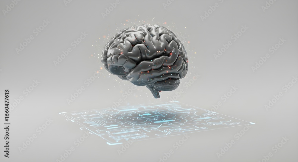 Poster human brain over digital circuit board | conceptual model for artificial intelligence, cognitive fun