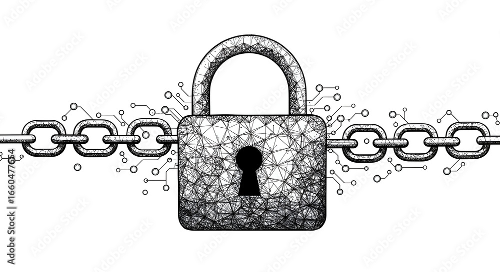 Poster padlock with chain and digital circuitry | security concept for cybersecurity, blockchain technology