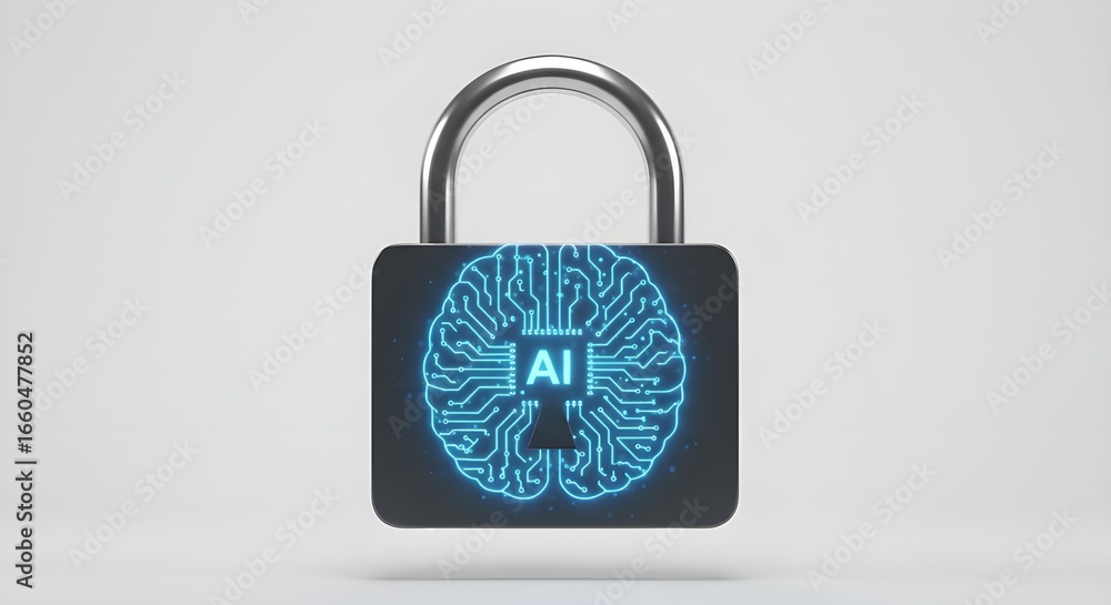 Poster ai security padlock with brain circuit board | cyber security and artificial intelligence concept fo
