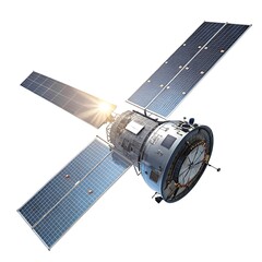 Satellite with solar panels against white background