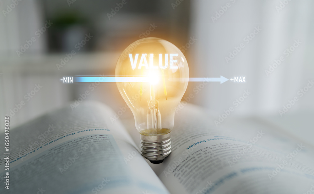 Aufkleber value measurement and adjustment concept showing value, performance, and optimization level with foc