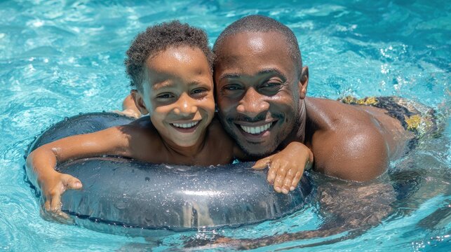 A joyful African American father and son enjoy a summer day, floating on an inner tube in the pool, smiling and sharing fun, capturing family love and happiness.