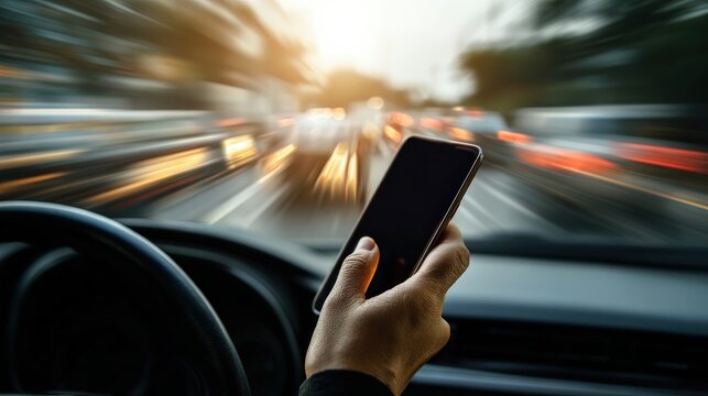 A person holding a smartphone while driving, with a blurred road background and space for copy, highlighting the importance of safety and responsible mobile use on the road.