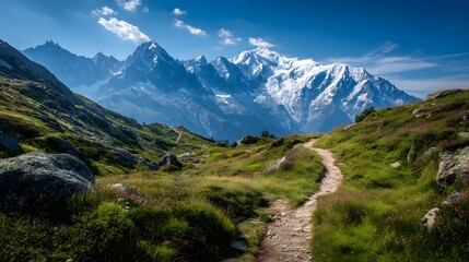 Fototapeta premium Explore mont blanc hiking trails: scenic mountain views, alpine meadows, and outdoor adventure in france