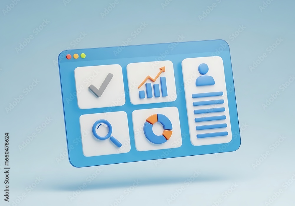 Fototapete 3d render of business dashboard with analytics and user profile for data visualization and insights 