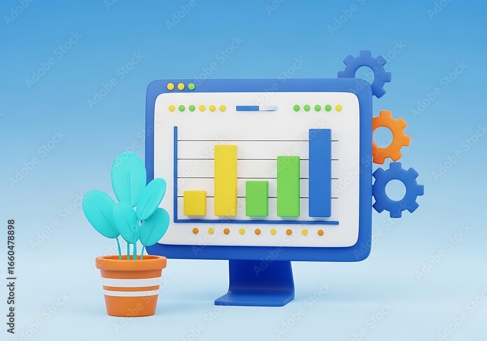 Fototapete 3d rendered computer screen displaying colorful bar chart with gears and plant representing business
