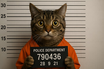 Funny cat mugshot holding police department sign in front of height measurement background, pet wearing orange prison jumpsuit, humorous animal crime scene parody, feline jail arrest booking photo