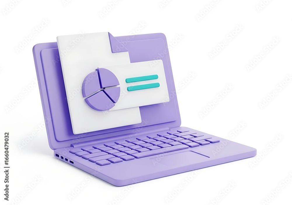 Fototapete 3d rendering of a laptop displaying a data analysis pie chart representing business progress and fin