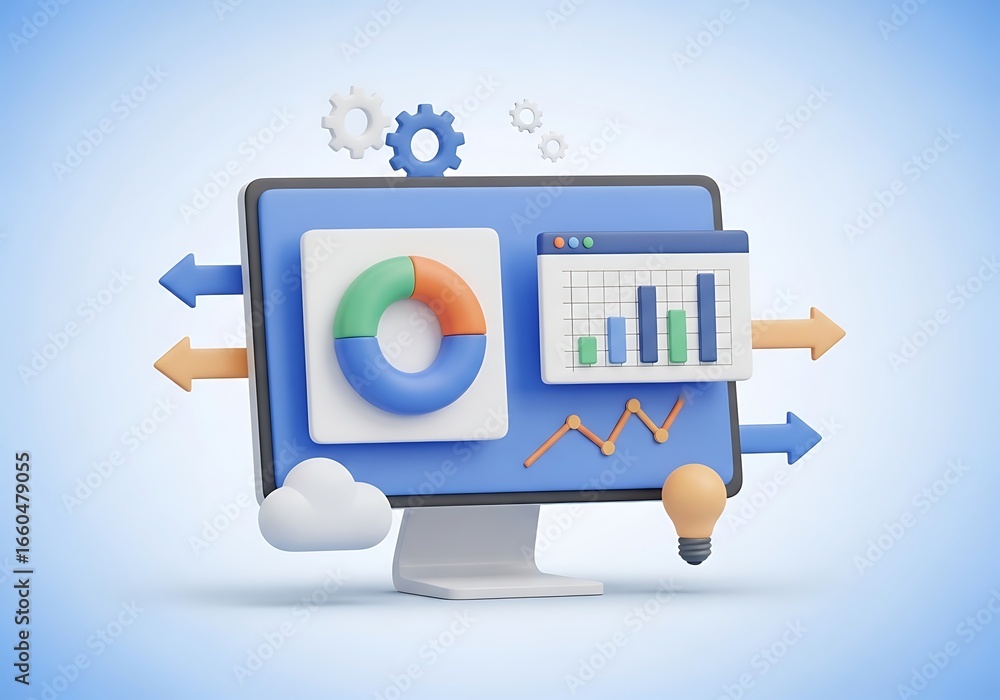 Fototapete 3d rendering of business data analysis and optimization on computer screen with charts graphs and ar