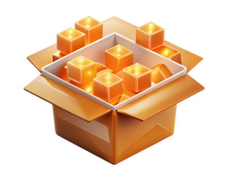 Open box with glowing orange cubes inside, isolated on transparent background