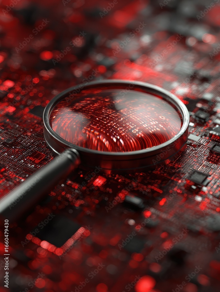 Poster magnifying glass on red code abstract data background close up