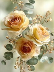 golden get well soon wishes with roses and eucalyptus sprigs