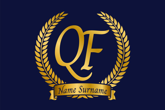 Initial letter Q and F, QF monogram logo design with laurel wreath. Luxury golden calligraphy font.