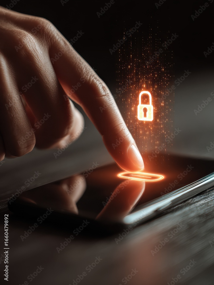 Poster hand touching login button on smartphone demonstrating digital security and password protection