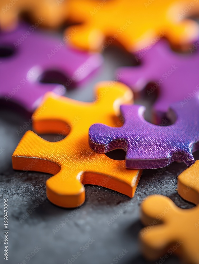 Poster closeup of colorful interlocking puzzle pieces with a sharp focus on an orange and purple piece symb