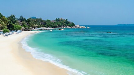 Fototapeta premium Tranquil tropical beach with clear turquoise water, soft sand, lush palm trees, and distant rocky hills under bright blue sky