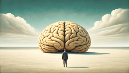 The Human Mind and Intellectual Exploration Man Contemplating a Giant Brain in Surreal Landscape Symbolic of Thought and Cognition
