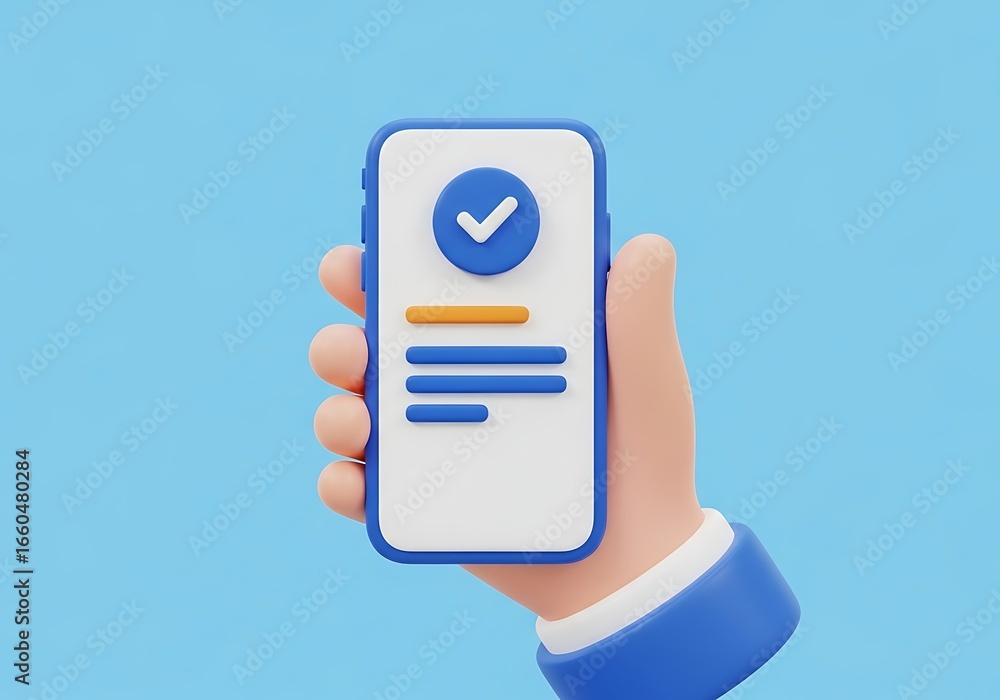 Poster cartoon hand holding smartphone with check mark app icon and user interface elements on blue backgro