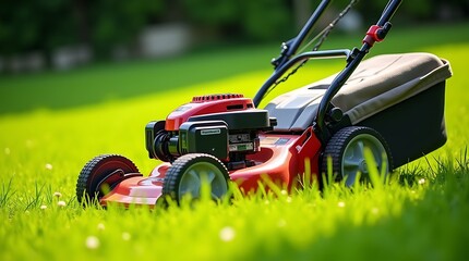 A red and black gasoline powered lawn mower is actively cutting a lush green lawn on a sunny day