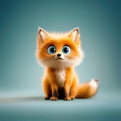 Obraz premium Cute and Fluffy Cartoon Fox Character with Big Blue Eyes on a Soft Background for Creative Projects and Illustrations