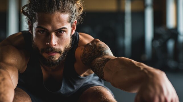 portrait of a fitness man doing stretching exercises at gym  no logos no brands ar 169