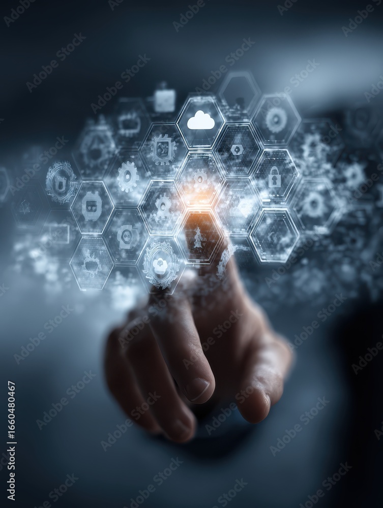 Poster photographic hand reaching a floating digital interface hexagonal it icons featuring gears locks and