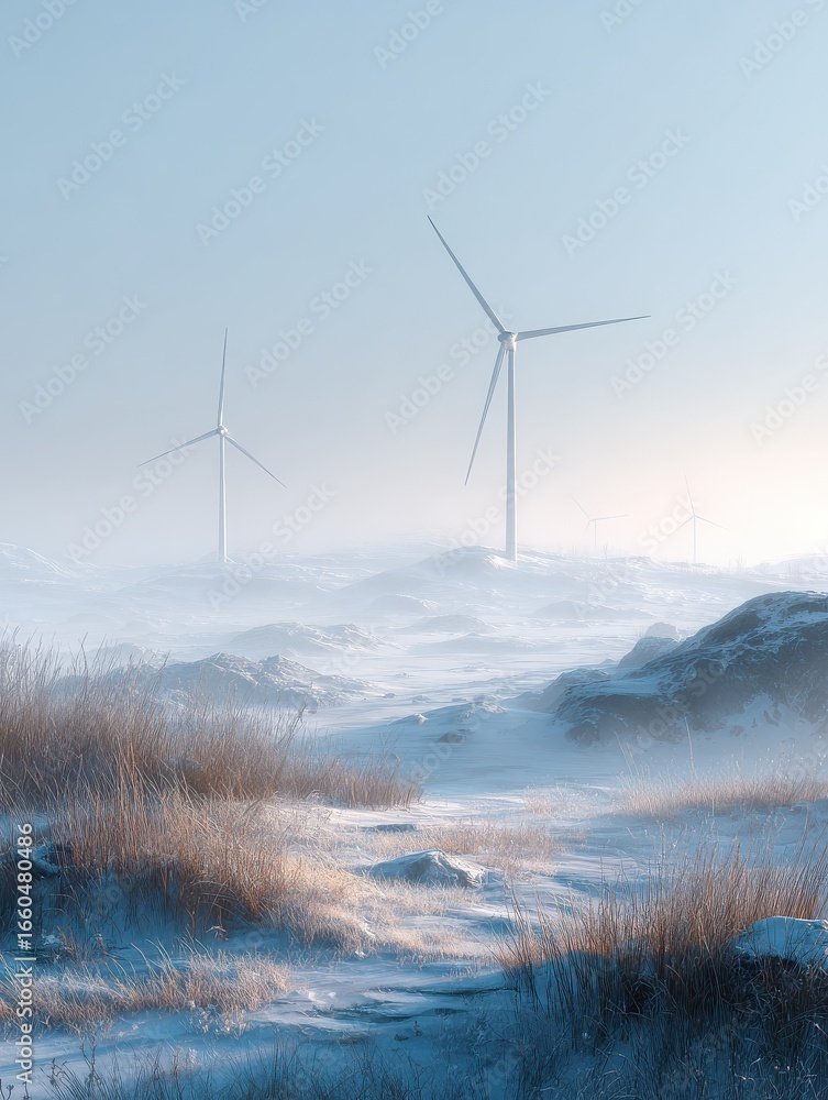 Poster snowy landscape with frozen grass and wind power generators in the haze creating a tranquil cold atm