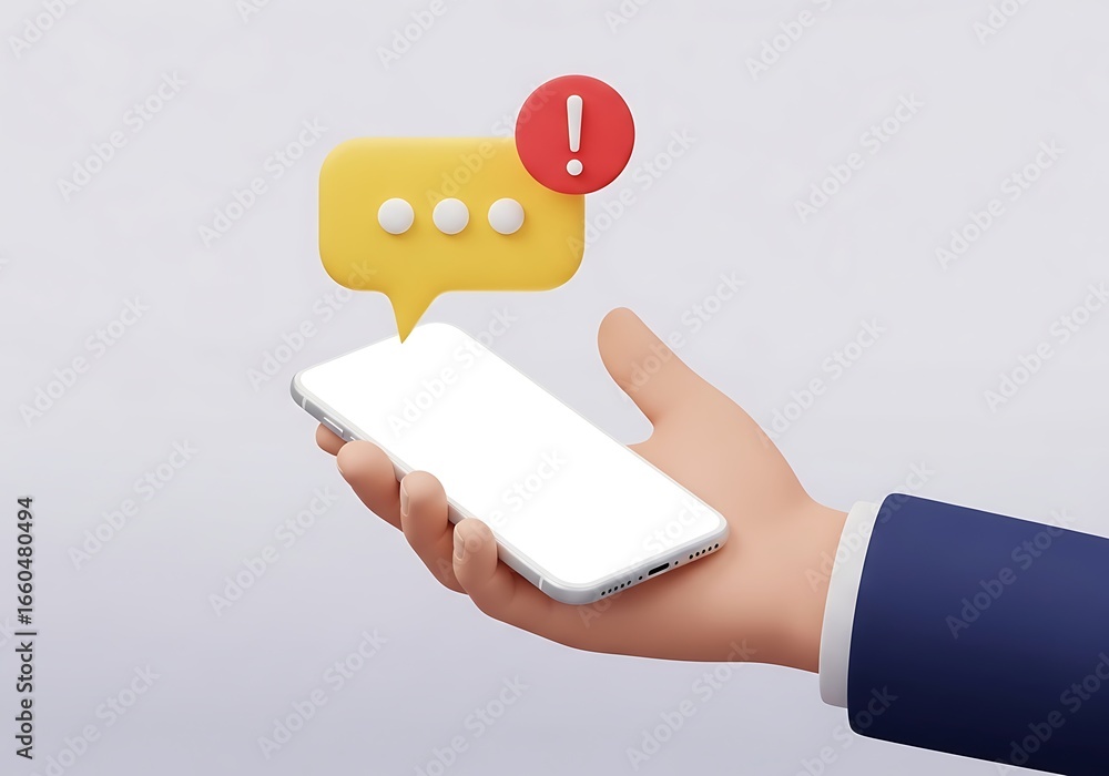Poster cartoon hand holding smartphone with new message notification representing alert and digital communi