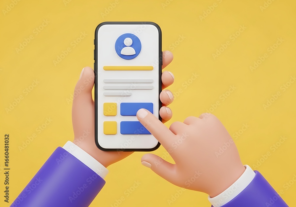 Aufkleber cartoon hands interacting with a mobile phone interface on yellow background modern digital interact