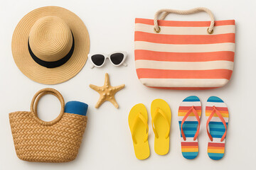 Summer beach accessories flat lay with straw hat, sunglasses, striped beach bag, woven basket, starfish and colorful flip flops on white background, tropical vacation holiday essentials concept for tr