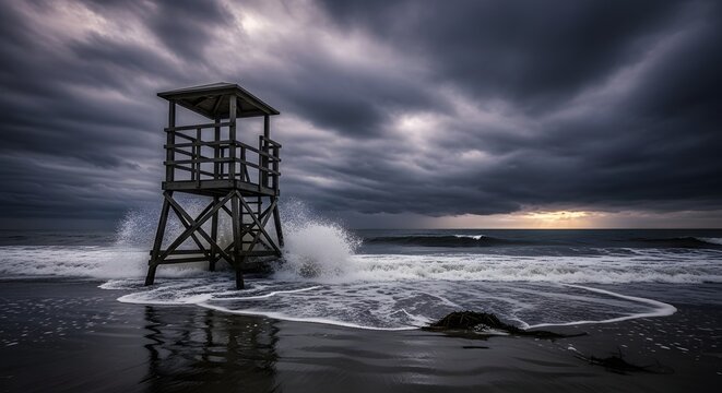 A solitary wooden lifeguard tower on a beach battered by rough waves under a dramatic stormy sky.