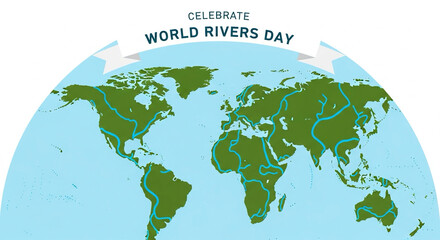 Flat vector globe with blue rivers highlighted, headline “Celebrate World Rivers Day”.