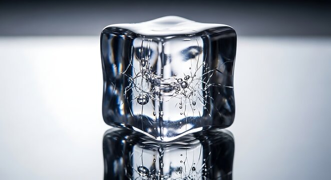Detailed close up of a transparent ice cube with internal air bubbles reflecting on a smooth surface.