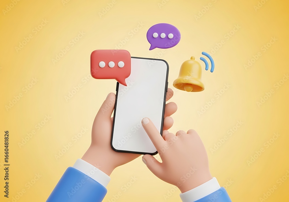 Poster conceptual illustration of hands holding a smartphone displaying notifications bell message icon and