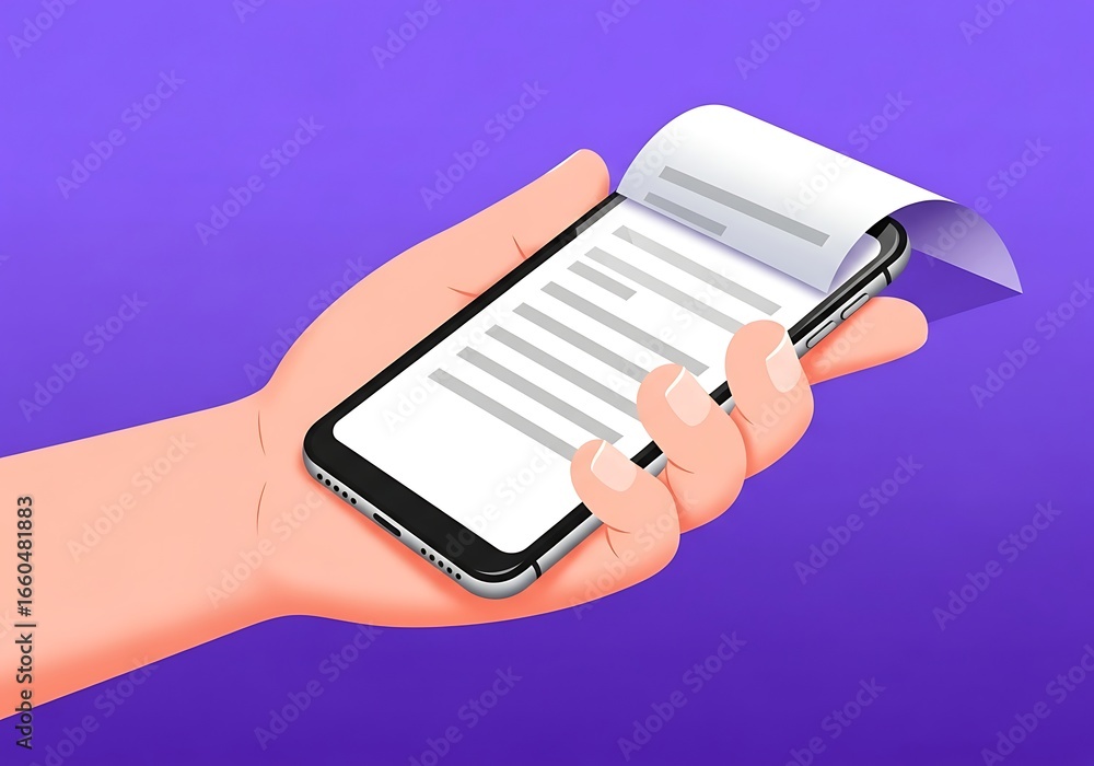 Aufkleber conceptual illustration of a hand holding smartphone with digital paper overlay for note taking or r
