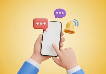 Conceptual illustration of hands holding a smartphone displaying notifications bell message icon and using it to send messages communicate and interact
