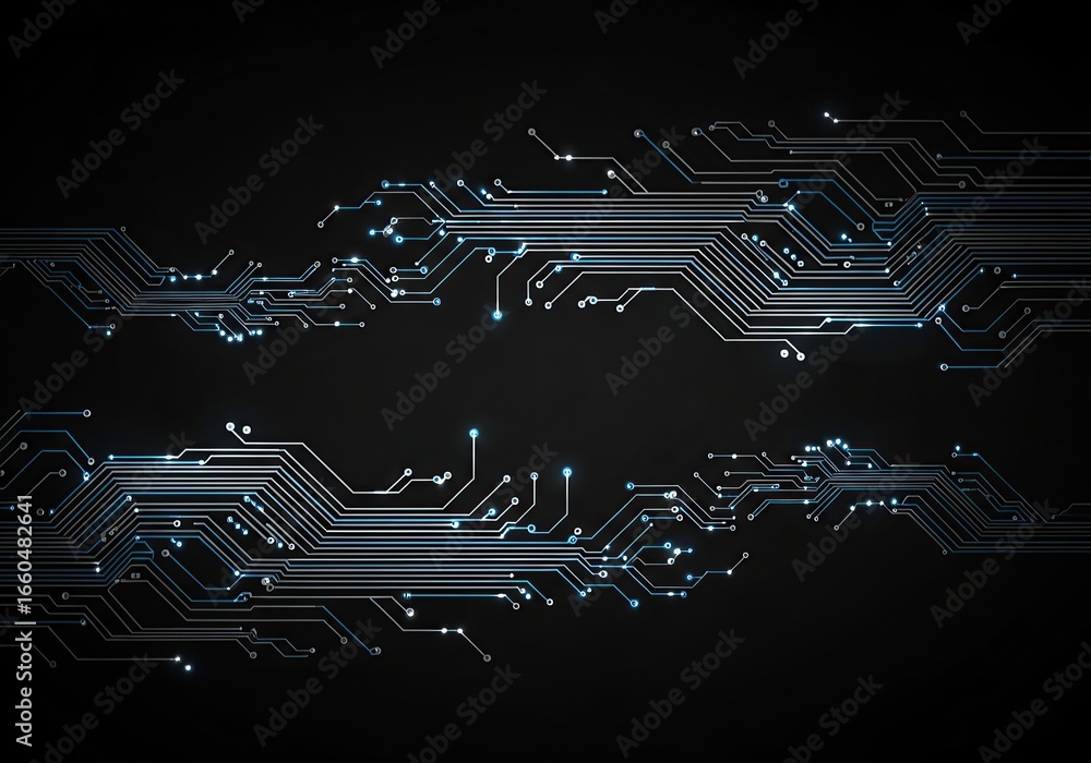 Fototapete abstract dark background with glowing blue circuit lines and nodes, representing technology and data