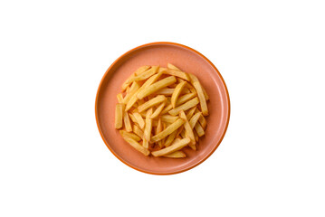 French fries, chips or snack with sauce as food background. French fries
