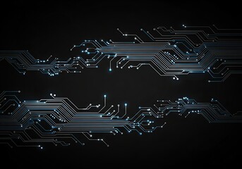Abstract dark background with glowing blue circuit lines and nodes, representing technology and data flow in a futuristic digital network