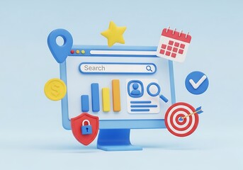 Naklejka premium Digital marketing analytics dashboard with cartoon style elements and business goals achieved on a blue background demonstrating growth and success
