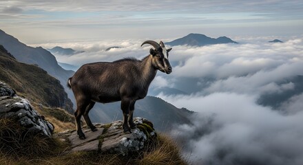 Obraz premium Mountain goat standing on rocky peak overlooking clouds
