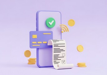 Digital Payment System Illustration of Smartphone Credit Card Coins and Receipt for Online Transactions and Mobile Banking in Modern Lavender Style