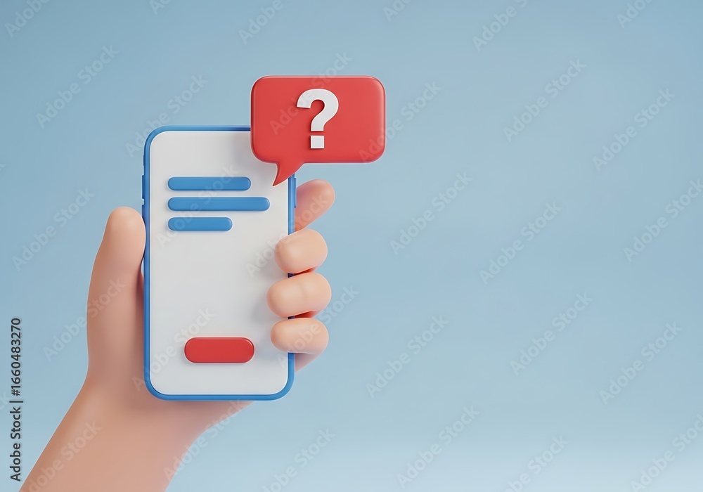 Aufkleber hand holding a smartphone with a question mark notification asking for assistance and customer suppo