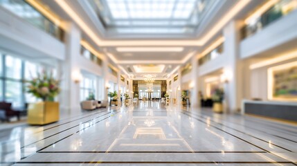 Nice photo of stunning photo of blurred hotel or office building lobby blur background interior view toward reception hall modern luxury white room space with blurry.